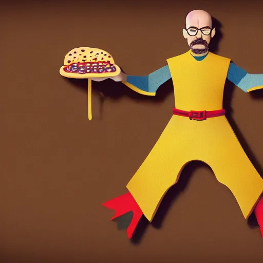 Prompt: walter white wearing a pizza suit, unreal, render, splash, award winning illustration