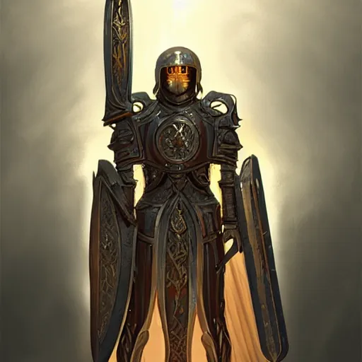 Image similar to beautiful warforged crusades construct wood steel holy cleric crusader runes warforged crusades tabard cloak divine knight shield, glowing eyes, intricate, elegant, highly detailed, digital painting, artstation, concept art, smooth, sharp focus, illustration, art by artgerm and greg rutkowski and alphonse mucha and loish and wlop