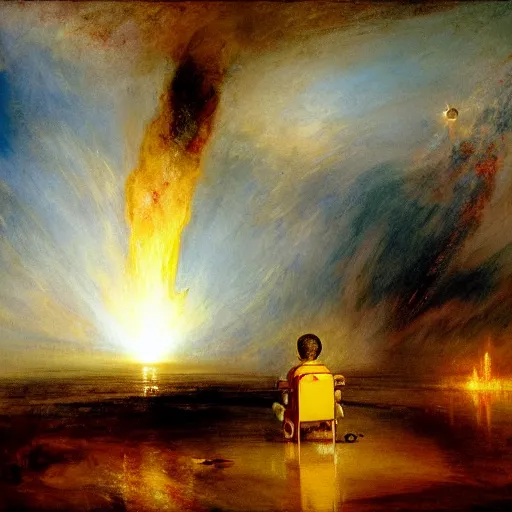 Prompt: a boy and a robot sitting and looking a nuclear explosion from far away, artwork by jmw turner