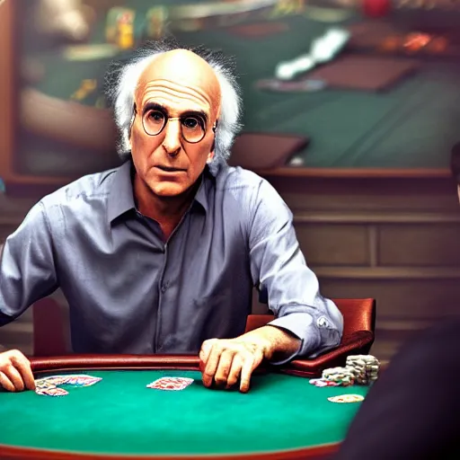 Prompt: larry david playing poker, photorealistic, ultra-detailed, HDR, high resolution