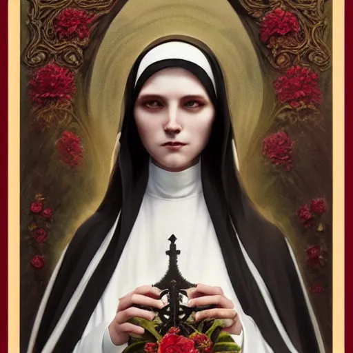 Image similar to soft painting of a gothic nun blessing in full dress, perfectly detailed flowers, symmetrical intricate sensual features, highly detailed, artstation, sharp focus, art by artgerm and greg rutkowski and alphonse mucha and tom bagshaw