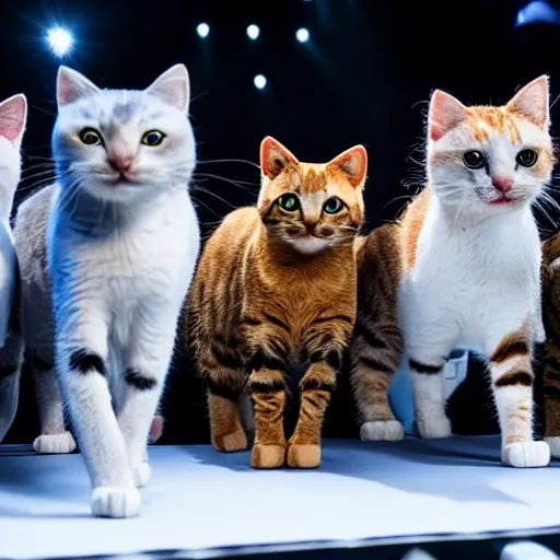 Image similar to cats on a catwalk wearing designer cloth, stage lighting 4k