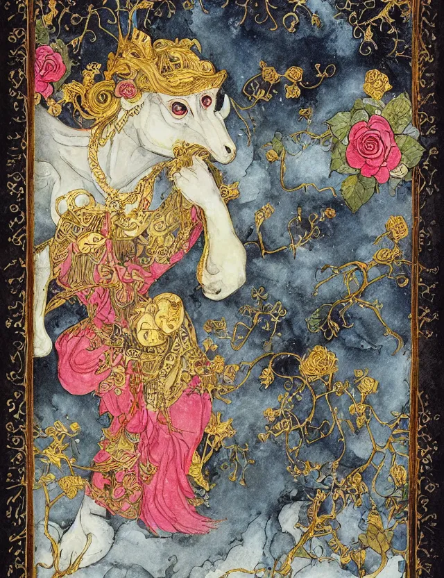 Image similar to animal god of roses and snow. this ink wash and goldleaf work by the beloved children's book illustrator has interesting color contrasts, plenty of details and impeccable lighting.