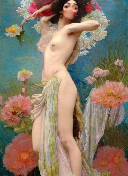 Image similar to a realistic oil painting of a beautiful young woman resembling winnie harlow, flowing robes, silk dress, peonies, crystal encrustations, underwater, fantasy art, by mucha, by bouguereau, intricate, colorful