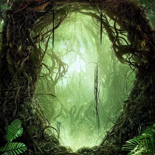 Prompt: horrific portal to the underworld embedded in a creepy tree in a densely overgrown, magical jungle, fantasy, dreamlike sunraise, ultra realistic, atmospheric, stopped in time, epic