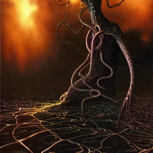 Image similar to An amorphic being with tentacles of liquid reflective copper and chrome emerges from the dark surreal ether, mist amidst lightning, high contrast lighting, backlit by Michael Whelan