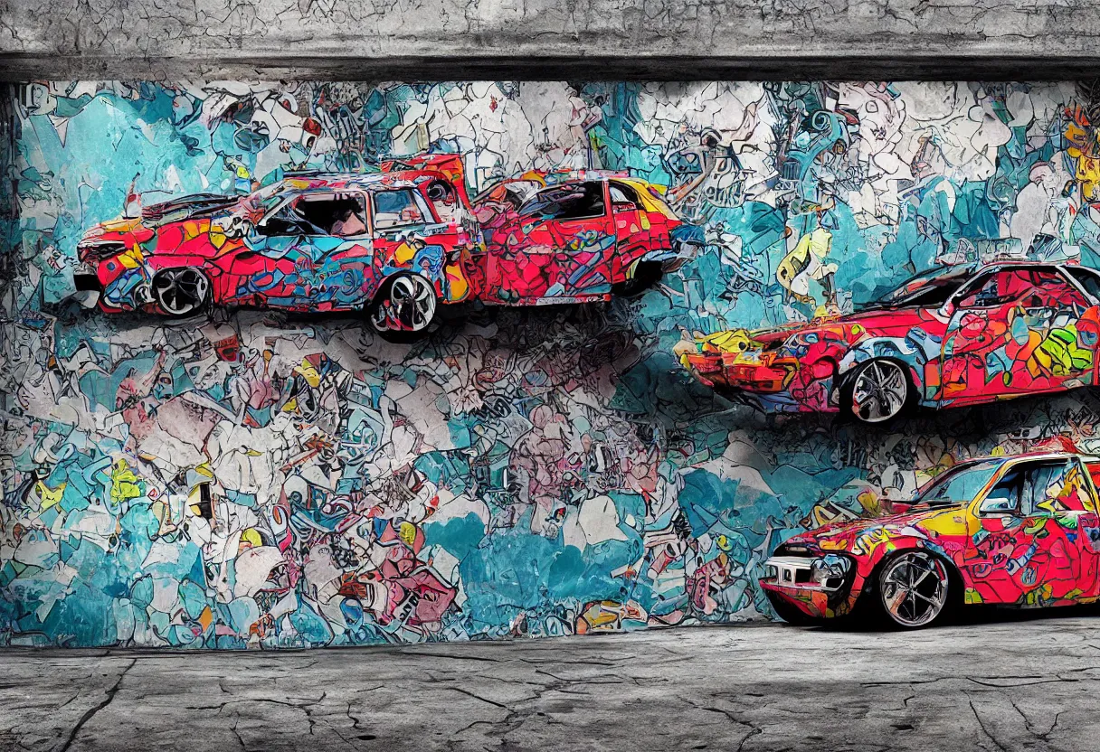 Image similar to yugo car against concrete wall as pop art, matte painting, hyperdetailed, street style, graffiti, illustration, coherent, art nouveau, beautiful render, concept art