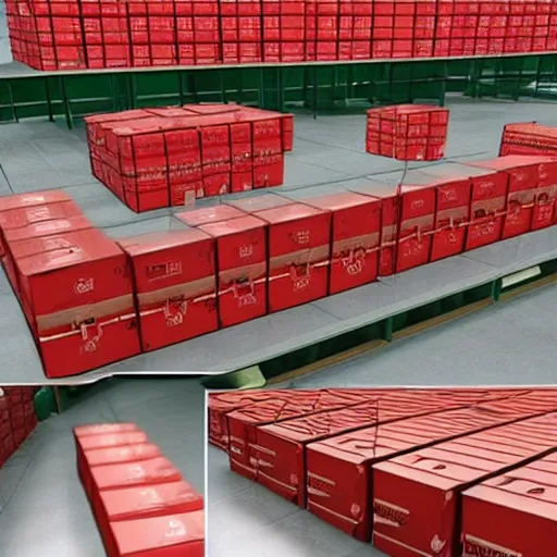 Prompt: two frames of equal size, the first is a picture of a warehouse full of boxes, the second is an identical picture to the first except the boxes are red