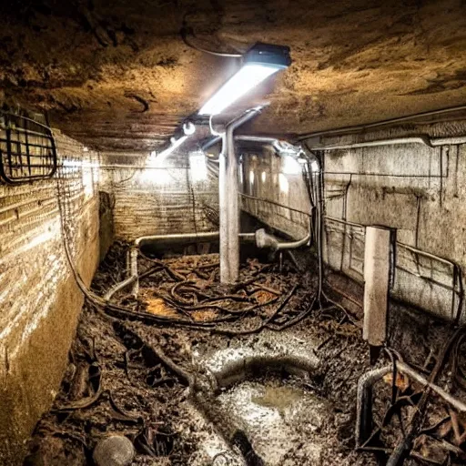 Image similar to deep underground bunker, flooded, dirty water, dense rusty pipes network, dense cables network, mold