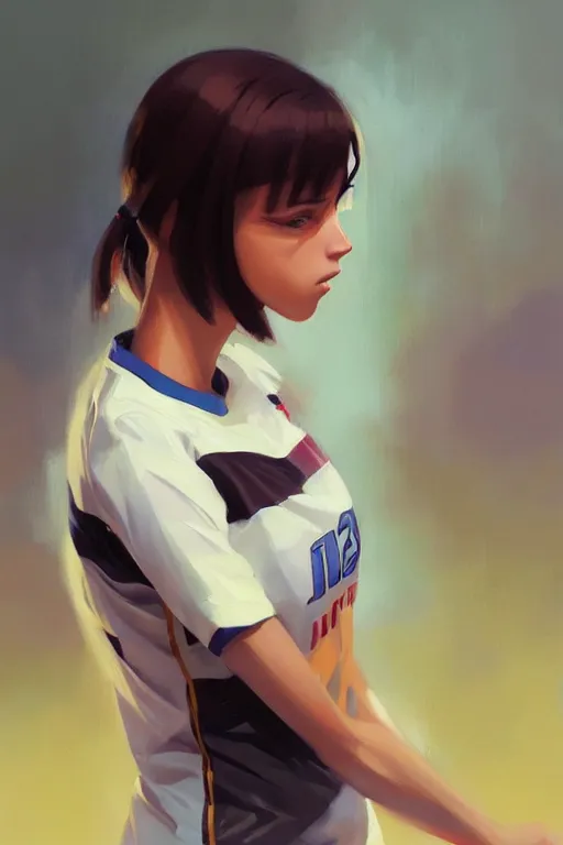 Image similar to A ultradetailed beautiful portrait panting of a stylish woman wearing a volleyball jersey, Oil painting, by Ilya Kuvshinov, Greg Rutkowski and Makoto Shinkai