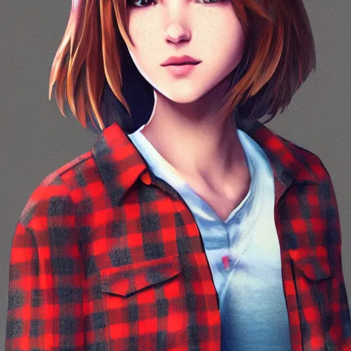 Prompt: max caulfield wearing a red plaid flannel shirt, fantasy, intricate, young and cute, highly detailed, digital painting, artstation, concept art, smooth, sharp focus, illustration, unreal engine, life is strange, Edouard Caplain