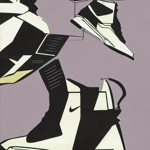 Image similar to retro futuristic Nike Space Hippie x Off-white sneakers by syd mead, matte painting, geometric shapes