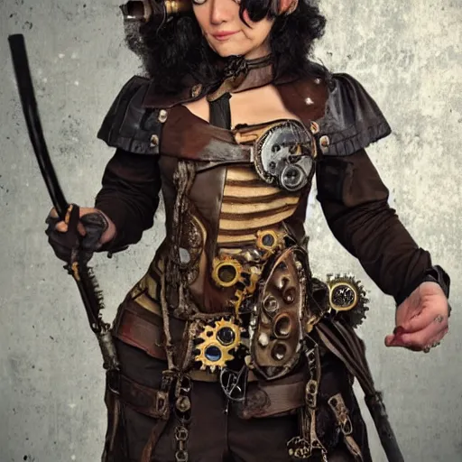 Image similar to long shot photo of a female steampunk warrior