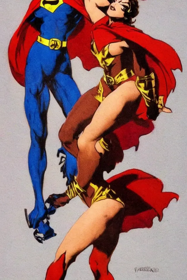 Prompt: full-length figure of a beautiful woman dressed as a super hero in the style of Frank Frazetta