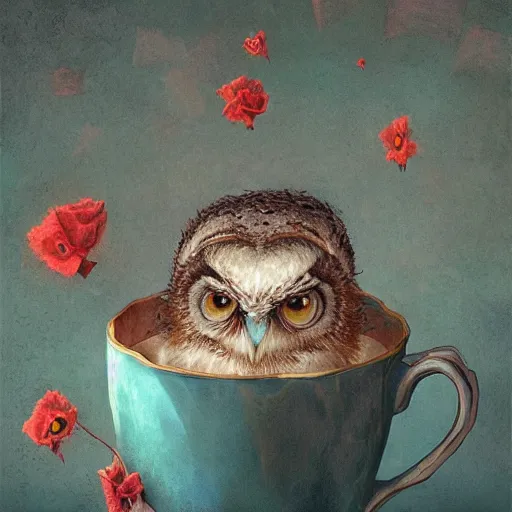 Image similar to long shot of a very cute owl chick nesting in a very romantique cup, by esao andrews, by james jean, marc simonetti, humorous illustration, hyperrealistic, big depth of field, warm colors, night scenery, low light, 3 d octane render, 4 k, conceptart, hyperdetailed, hyperrealistic, trending on artstation