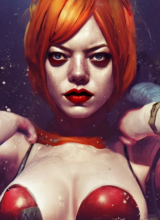 Image similar to underwater portrait of emma stone as harley quinn, hyper detailed, digital art, trending in artstation, cinematic lighting, studio quality, smooth render, unreal engine 5 rendered, octane rendered, art style by klimt and nixeu and ian sprigger and wlop and krenz cushart.