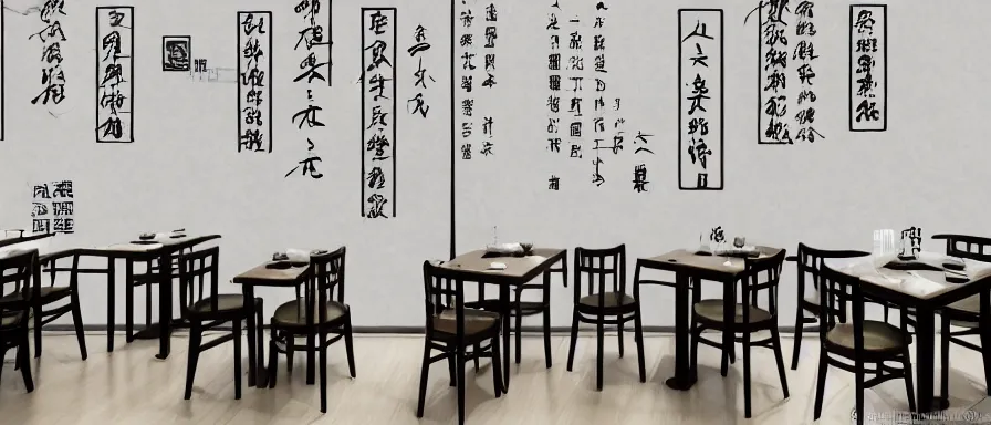 Image similar to a beautiful simple interior 4 k hd wallpaper illustration of small roasted string hotpot restaurant restaurant yan'an, wall corner, from china, wallpaper with tower mountains, rectangle white porcelain table, black chair, fine simple delicate structure, chinese style, simple style structure decoration design, victo ngai, 4 k hd