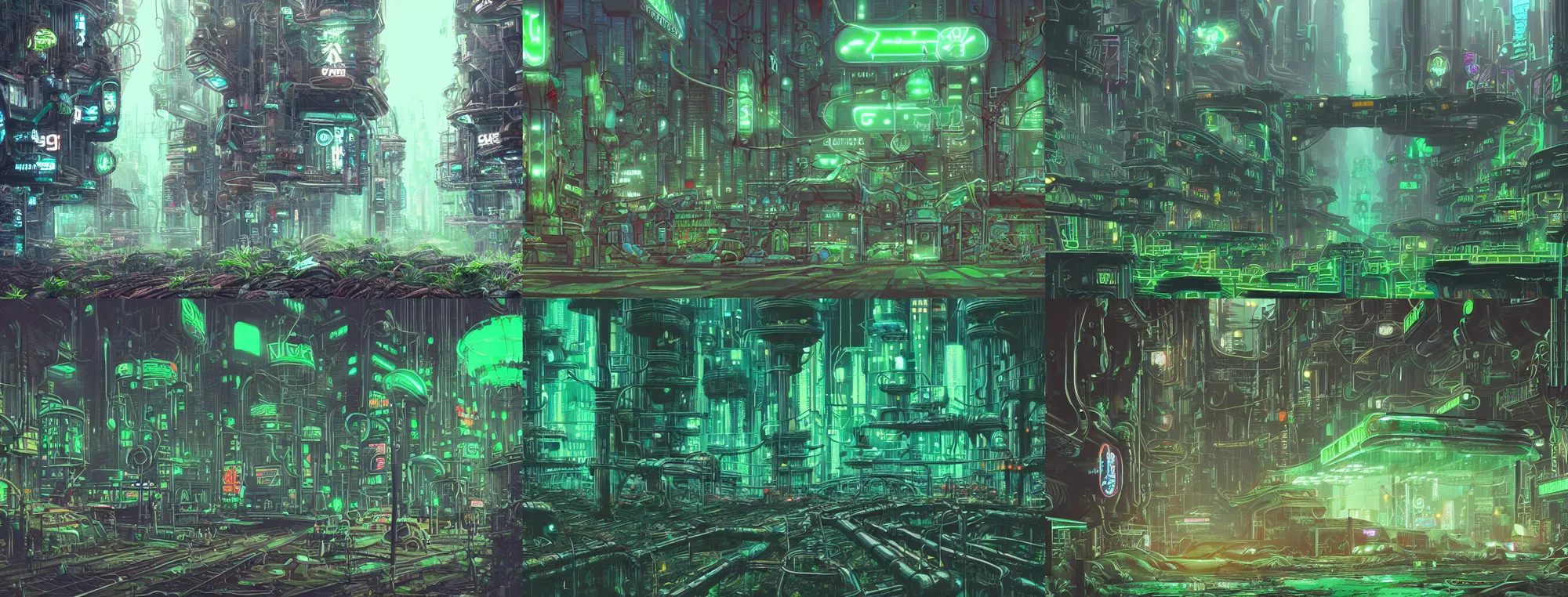 Prompt: plants growing out of old rusty pipes in a futuristic city, green neon signs, ground covered in mist, detailed cyberpunk illustration