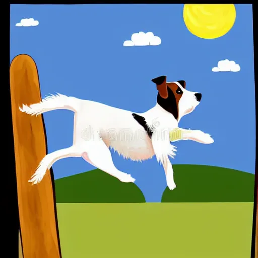 Prompt: a parson russell terrier dog jumping in the air, children's illustration