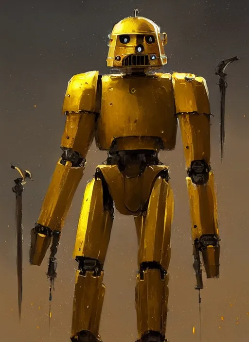 Image similar to human-sized strong intricate yellow pit droid carrying paladin medieval longsword!!!, pancake short large head painterly humanoid mecha, by Greg Rutkowski