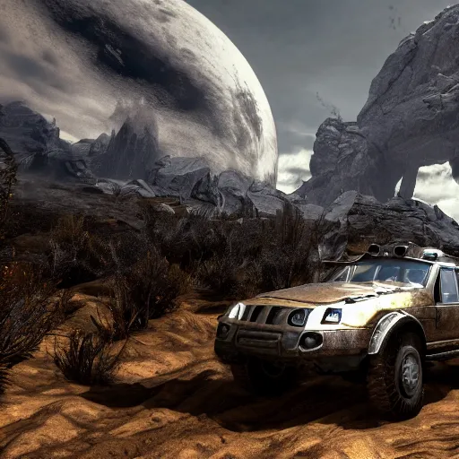 Image similar to Astronaut, Professional Photography, Skyrim, Off-roading, Mountain landscape, dirt, road, cinematic color, photorealistic, highly detailed wheels, highly detailed