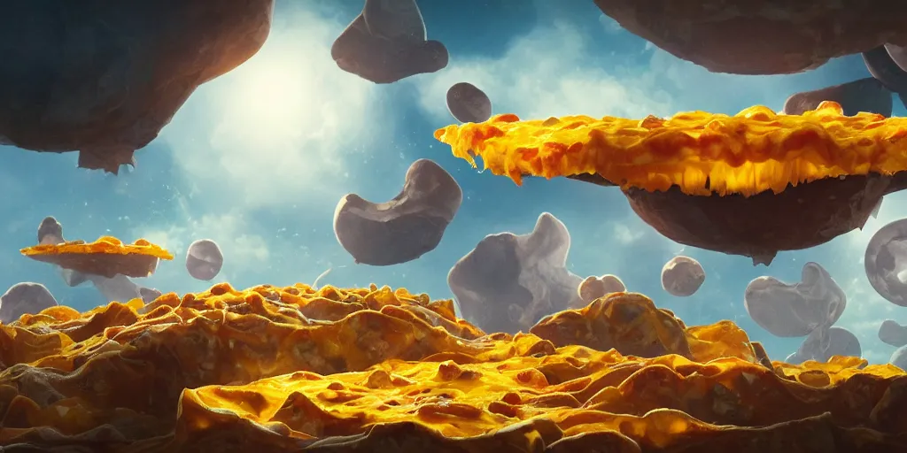 Image similar to cheese planet made of cheese interior, melted cheese waterfalls, living nachos flying though the sky, Greg Rutkowski, 3d scene, trending on Artstation, 8K, ultra wide angle, pincushion lens effect, zenith view.