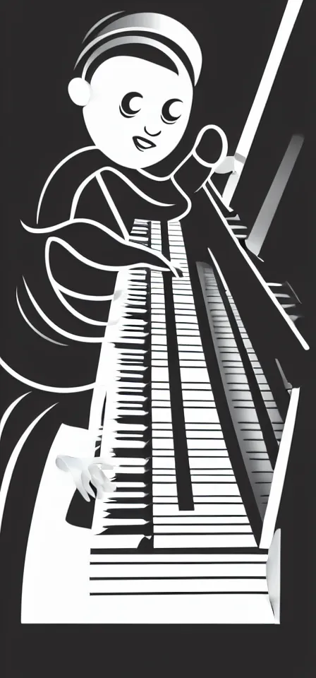 Image similar to fine line vector illustration of a very tiny white line pianist, blank black background, no detail, simple art,