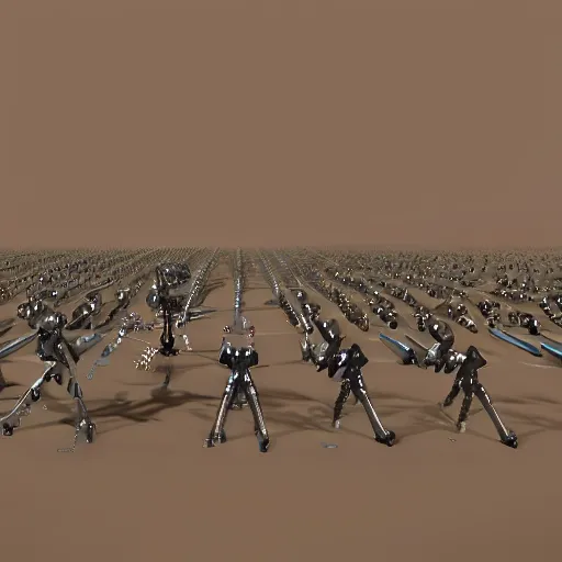 Image similar to army of army of metallic robots in desert, raytracing, 5 5 mm