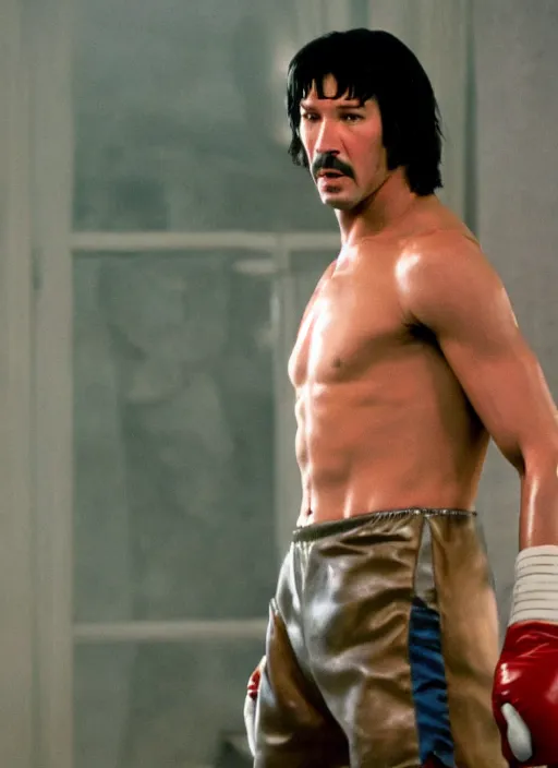 Image similar to film still of Keanu Reeves as Rocky Balboa in Rocky, 4k