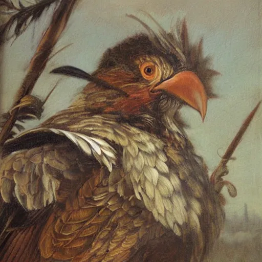 Prompt: bird warrior, detailed, classic painting,