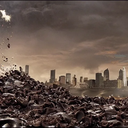 Image similar to tsunami of liquid chocolate on new york, post apocalyptic, cinematic