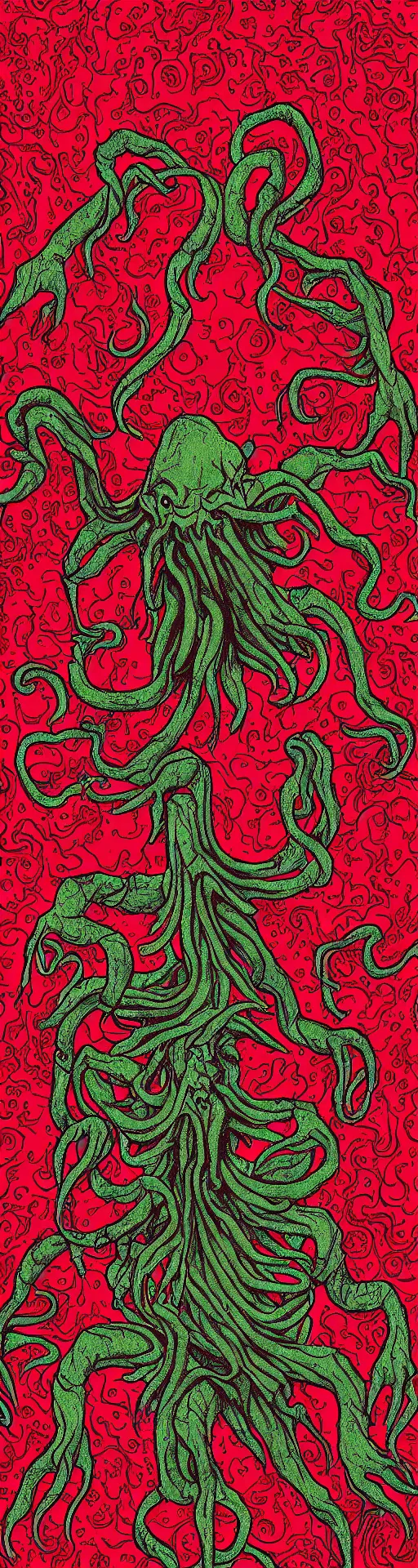 Prompt: Cthulhu lost inside the red room from Twin Peaks while David Lynch laughs in the background, fractal tile across the floor, Bob, mike judge art style, 90s mtv illustration