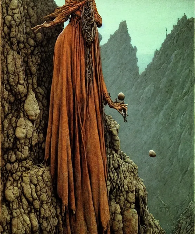 Image similar to A detailed semideer-semiwoman stands among the mountains with a pebble in hand. Wearing a ripped mantle, robe. Extremely high details, realistic, fantasy art, solo, masterpiece, art by Zdzisław Beksiński, Arthur Rackham, Dariusz Zawadzki