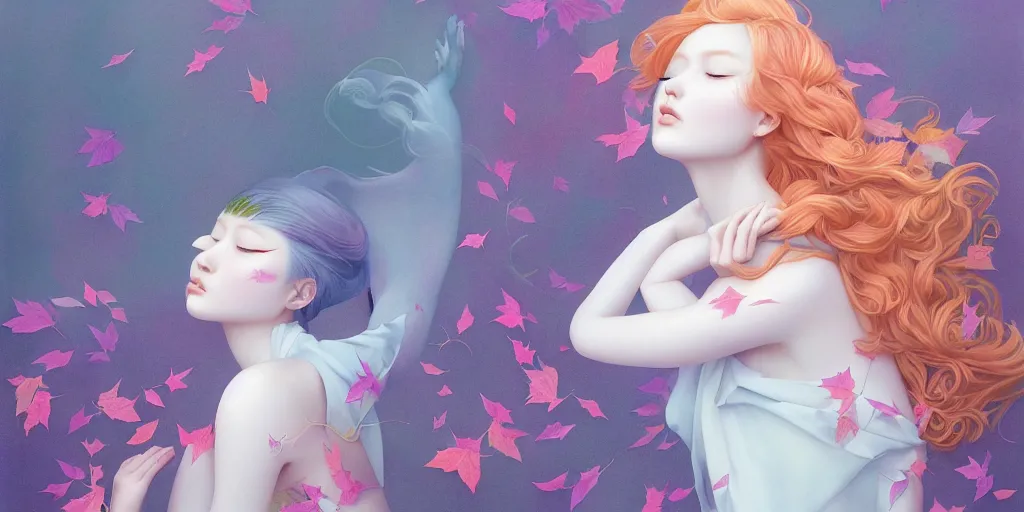 Image similar to highly detailed pastel colors of an ethereal ginger beauty morphing gradually into autumn leaves, by artgerm and hsiao - ron cheng, smooth composition, fine patterns and detail