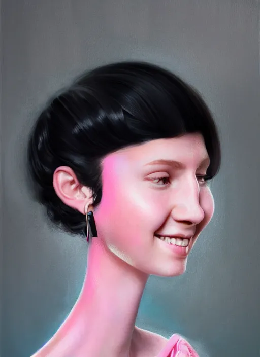 Image similar to portrait of high school girl, realistic, black hair, bangs, half updo hairstyle, pointy nose, skinny, smile, ugly, defined jawline, big chin, pink hair bow, earrings, intricate, elegant, glowing lights, highly detailed, digital painting, artstation, sharp focus, illustration, art by wlop, mars ravelo and greg rutkowski