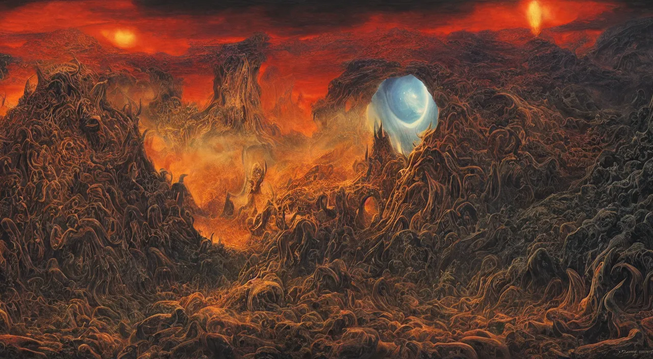 Image similar to a beautiful detailed portrait of satan with long horns and fiery vortex eyes in the foreground, in a vast cosmic hellscape by roger dean, by laurie lipton, detailed, realistic shadows, volumetric lighting, mythical, rendered in redshift, matte painting