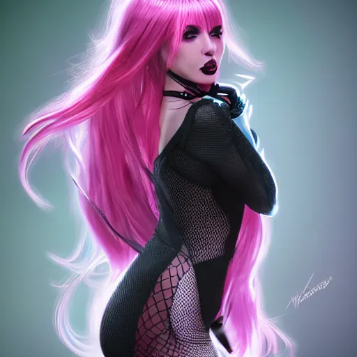 Prompt: Full body portrait of a woman with bright glowing strands of hair, wearing dark black clothing with fishnet stockings, pink dyed hair and a fringe, posing ready for a fight, artstation, cgsociety, masterpiece