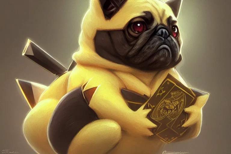 Image similar to photography of pikachu pug, deep focus, d & d, intricate, elegant, highly detailed, digital painting, artstation, concept art, matte, sharp focus, illustration, hearthstone, art by artgerm and greg rutkowski and alphonse mucha