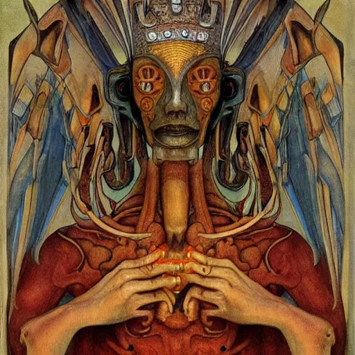 Prompt: weeping robot wearing the bone crown, by Annie Swynnerton and Diego Rivera and Evelyn De Morgan, symbolist, dramatic lighting, elaborate geometric ornament, Art Brut ,god rays, soft cool colors,smooth, sharp focus, extremely detailed, Adolf Wölfli