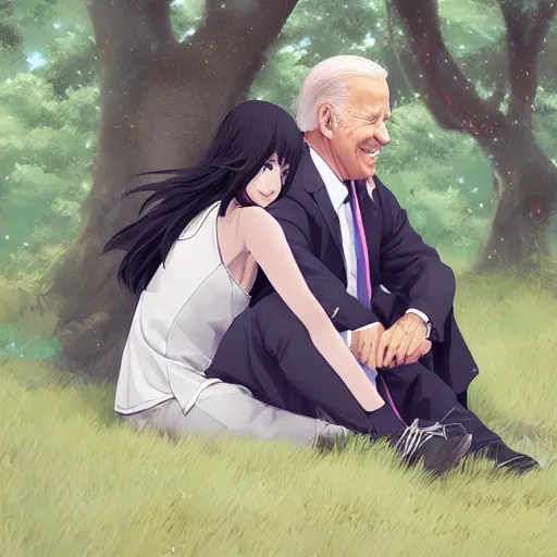 Prompt: photorealistic Joe Biden meets a beautiful smiling anime girl with black hair and hime cut sitting under a tree, Stanley Artgerm Lau, WLOP, Rossdraws, Ilya Kuvshinov, artstation