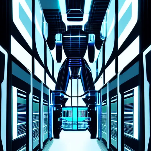 Image similar to hyperrealism stock photo of highly detailed stylish robot in futuristic sci - fi style by vincent di fate in the detailed data center by laurie greasley and mike winkelmann