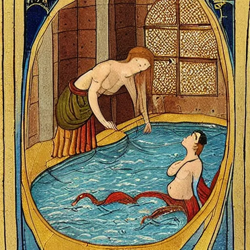 Prompt: person taking a bath medieval book illustration , stunning masterpiece