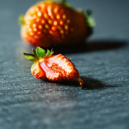 Image similar to high quality presentation photo of a golden strawberry, photography 4k, f1.8 anamorphic, bokeh, 4k, Canon, Nikon