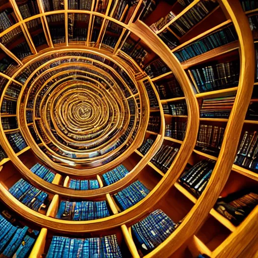 Prompt: professional photograph of an infinite spiral library, fantasy - style, fancy, 4 k, 8 k, hd