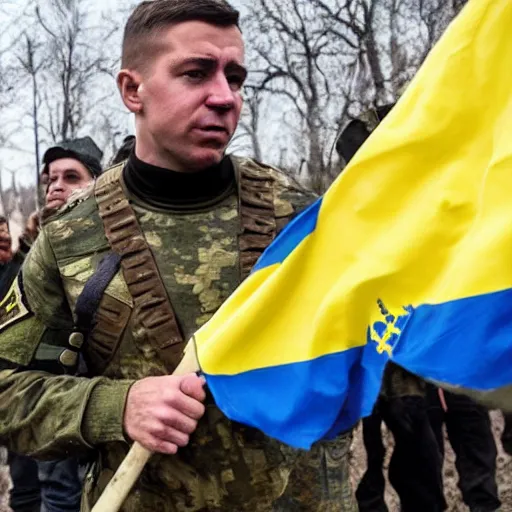 Image similar to Joe Biden fights in the azov battalion in the Ukraine War holding a ukrainian flag