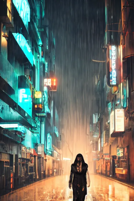 Image similar to a street level, low angle, closeup photograph of a woman with robotic prosthetics in a clear, transparent raincoat, in a futuristic, blade runner city with heavy atmosphere. Volumetric light. Rainfall. Dystopic. Evening, neon lights. 8k. Filmic. Highly detailed. Octane render.