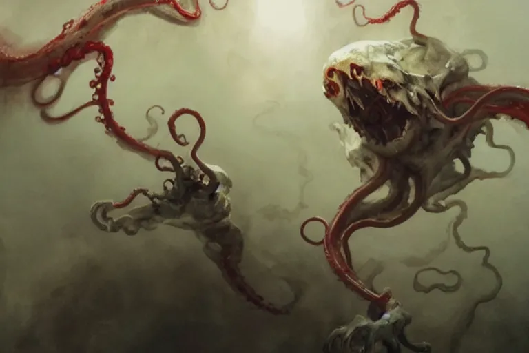 Image similar to painting by greg rutkowski of a flying human head and face that is chalk white in color, with tentacles coming of the neck, red eyes, flying in a terrying hell like cavernous place