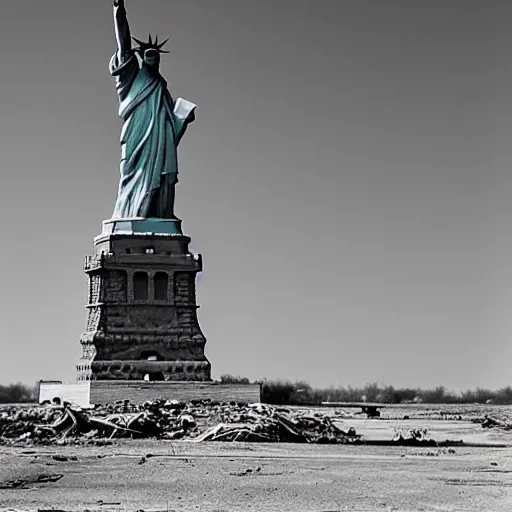 Prompt: the statue of liberty heavily decayed in a dustbowl