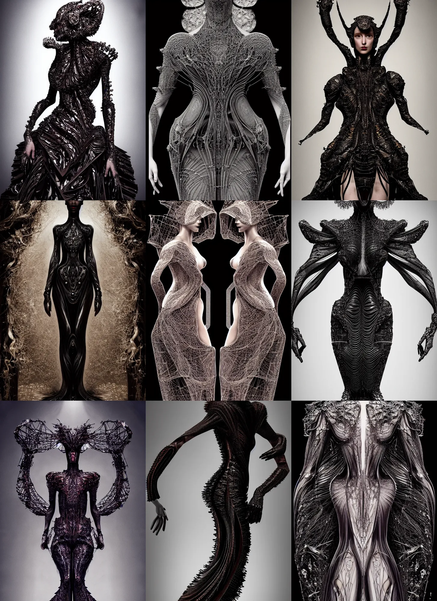 Prompt: walking down the catwalk, stage, vogue photo, podium, fashion show photo, historical baroque dress dark, iris van herpen, perfect symmetrical body, full body shot, masterpiece, intricate, biopunk, vogue, highly detailed, artstation, concept art