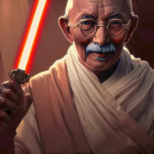 Image similar to a photorealistic portrait of ghandi as a jedi in star wars cinematic lighting, photorealistic, octane render, 8 k, depth of field, 3 d, art by artgerm and greg rutkowski and alphonse mucha and uang guangjian and gil elvgren and sachin ten